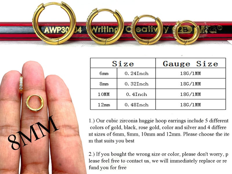 showself Small Huggie Hoop Earring, 18G Cartilage Earring Gold Plating 8MM Hoop Earring for Women Men Stainless Steel Tragus Earring Cubic Zirconia Forward Helix Earrings Hypoallergenic Sensitive Ear - Image 5